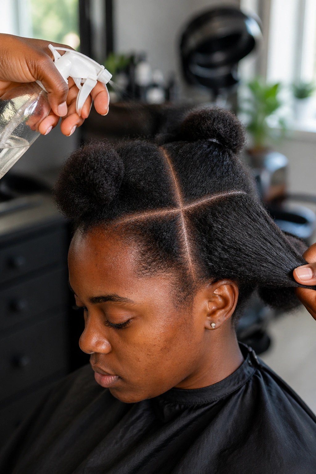 Portrait of real person with stretched hair and quadrant parting for criss-cross prep.