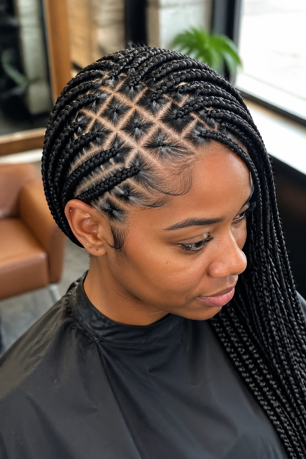 Real woman with criss-cross part lemonade box braids, close-up portrait.
