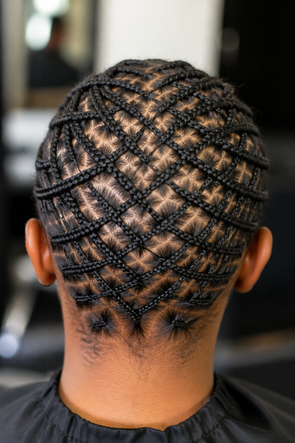 Dense criss-cross cornrows showing multiple intersections on the scalp.