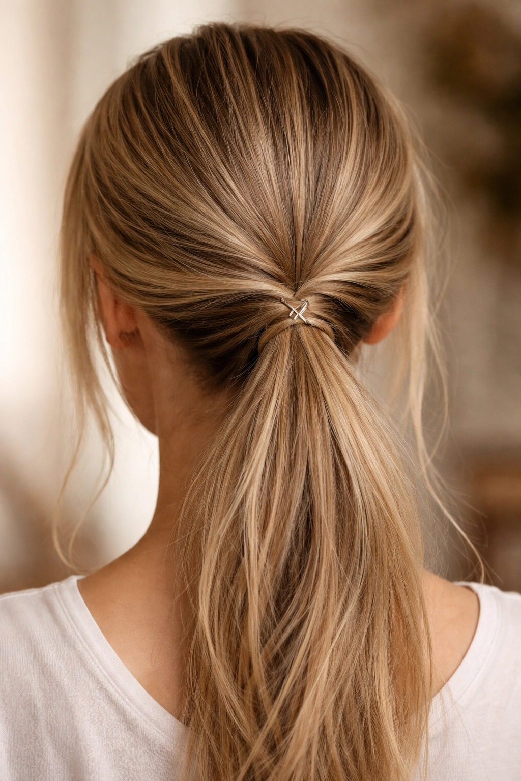 Criss-cross low ponytail with woven base secured by pins