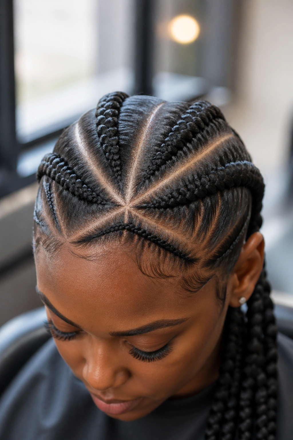 Close-up of a real person's scalp with criss-cross parting forming four wedge sections at the crown.