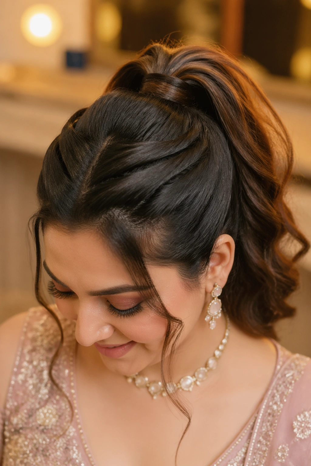 Real woman with a criss-cross crown detail over a high ponytail, hiding the elastic.