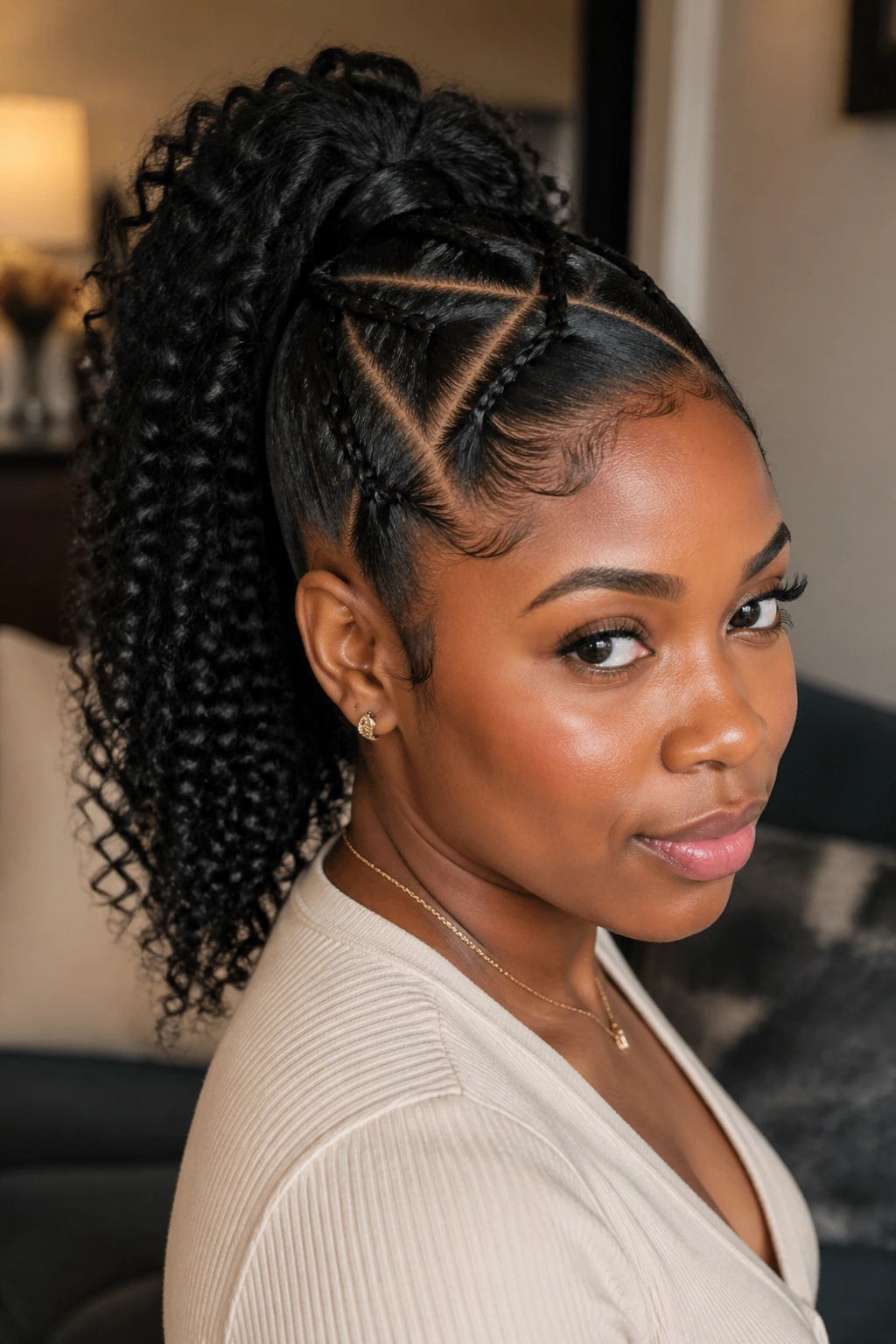 Close-up of a real Black woman with a criss-cross ponytail