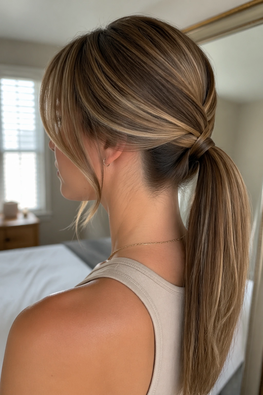 Close-up of a real woman with criss-cross ponytail and curtain bangs, back detail visible