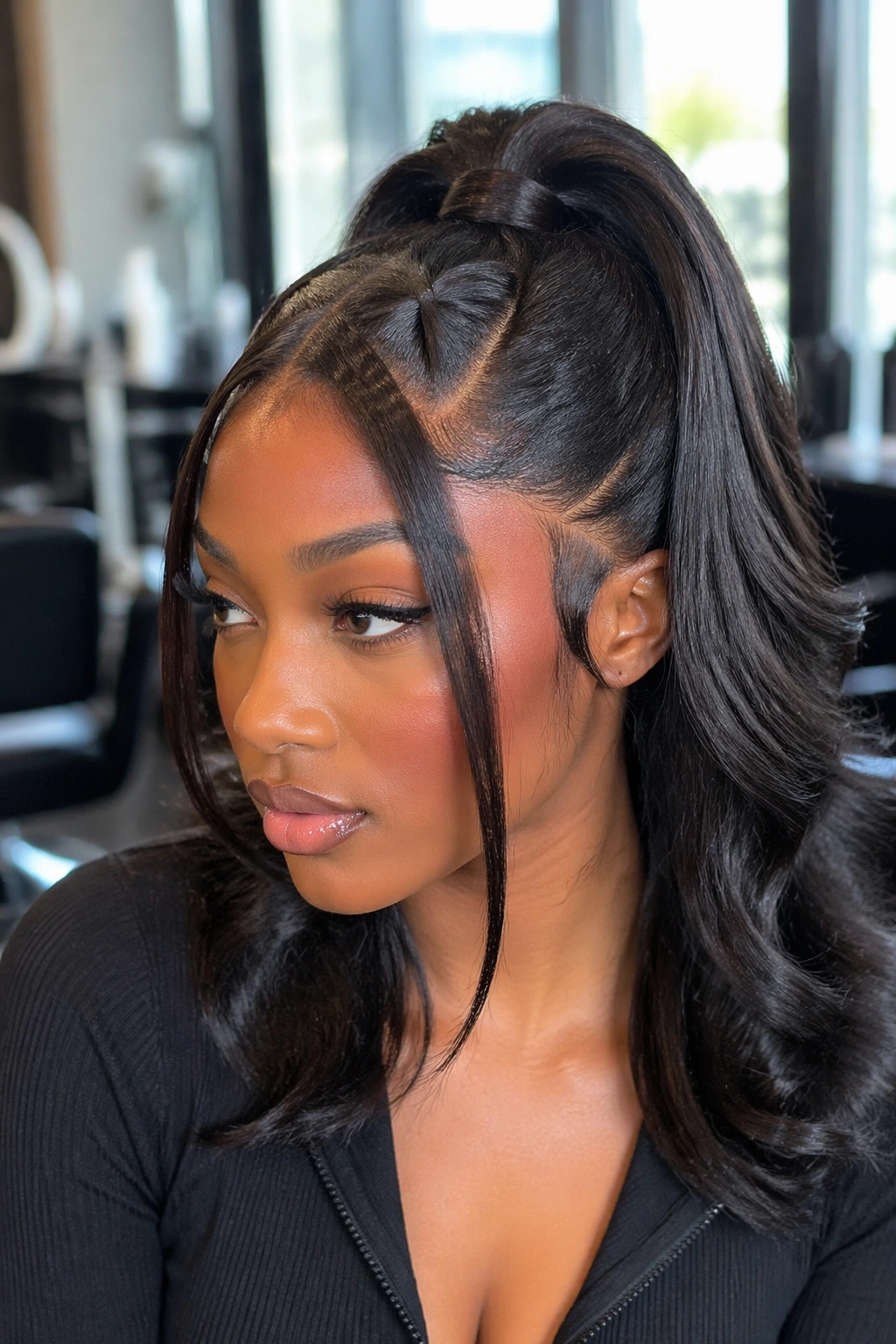 Close-up of a real woman showcasing a half-up frontal ponytail with criss-cross front sections.
