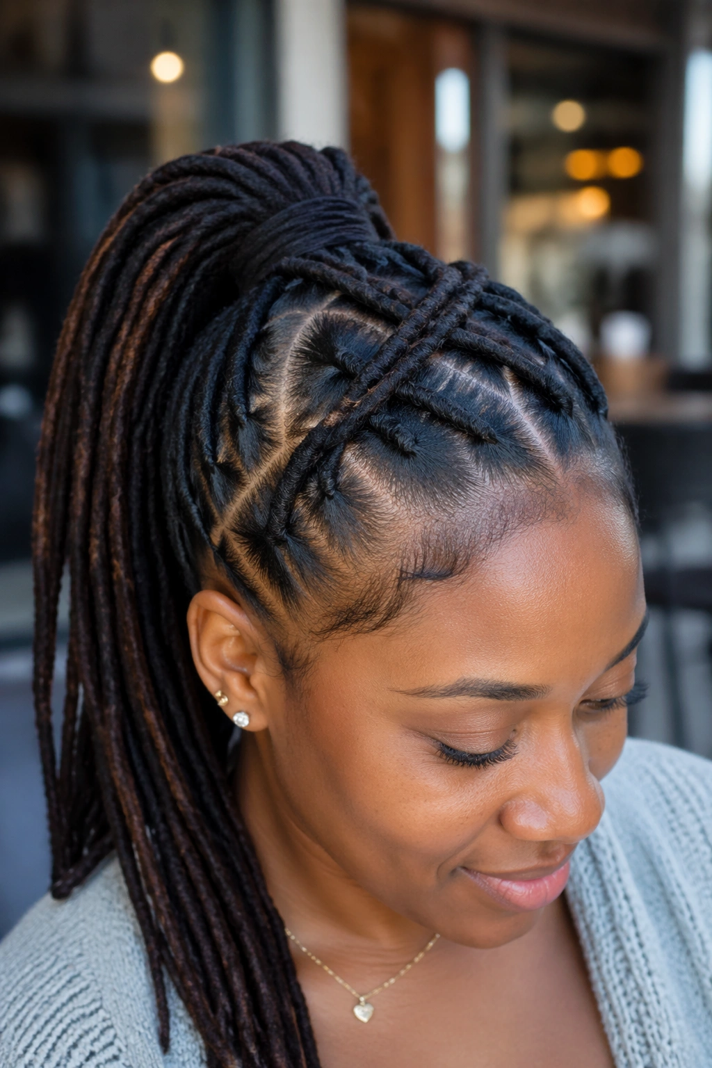Close-up of a real person with crisscross ponytail showing two crossing front sections