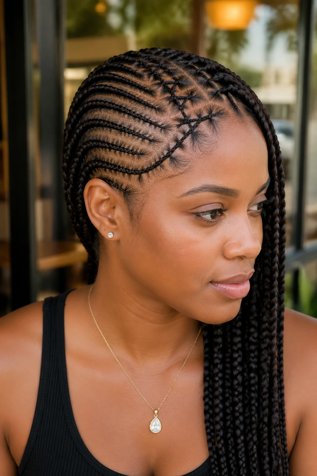 Close-up of a real woman with one-sided criss-cross cornrows sweeping across the head