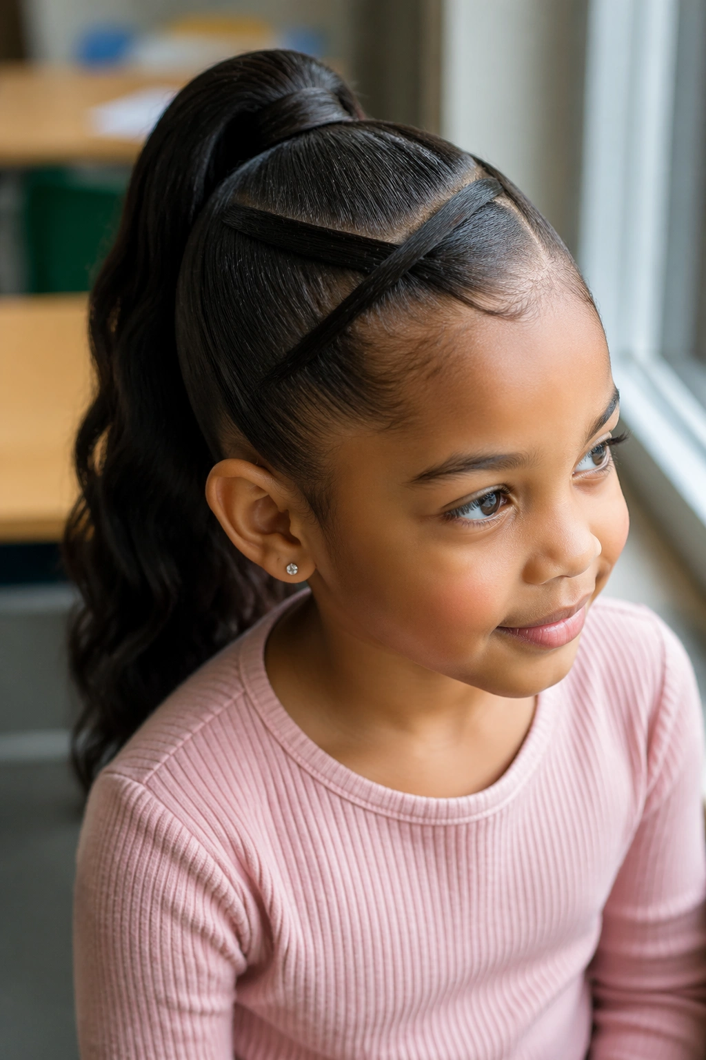 Close-up of child with criss-cross sleek ponytail showing crossed sections