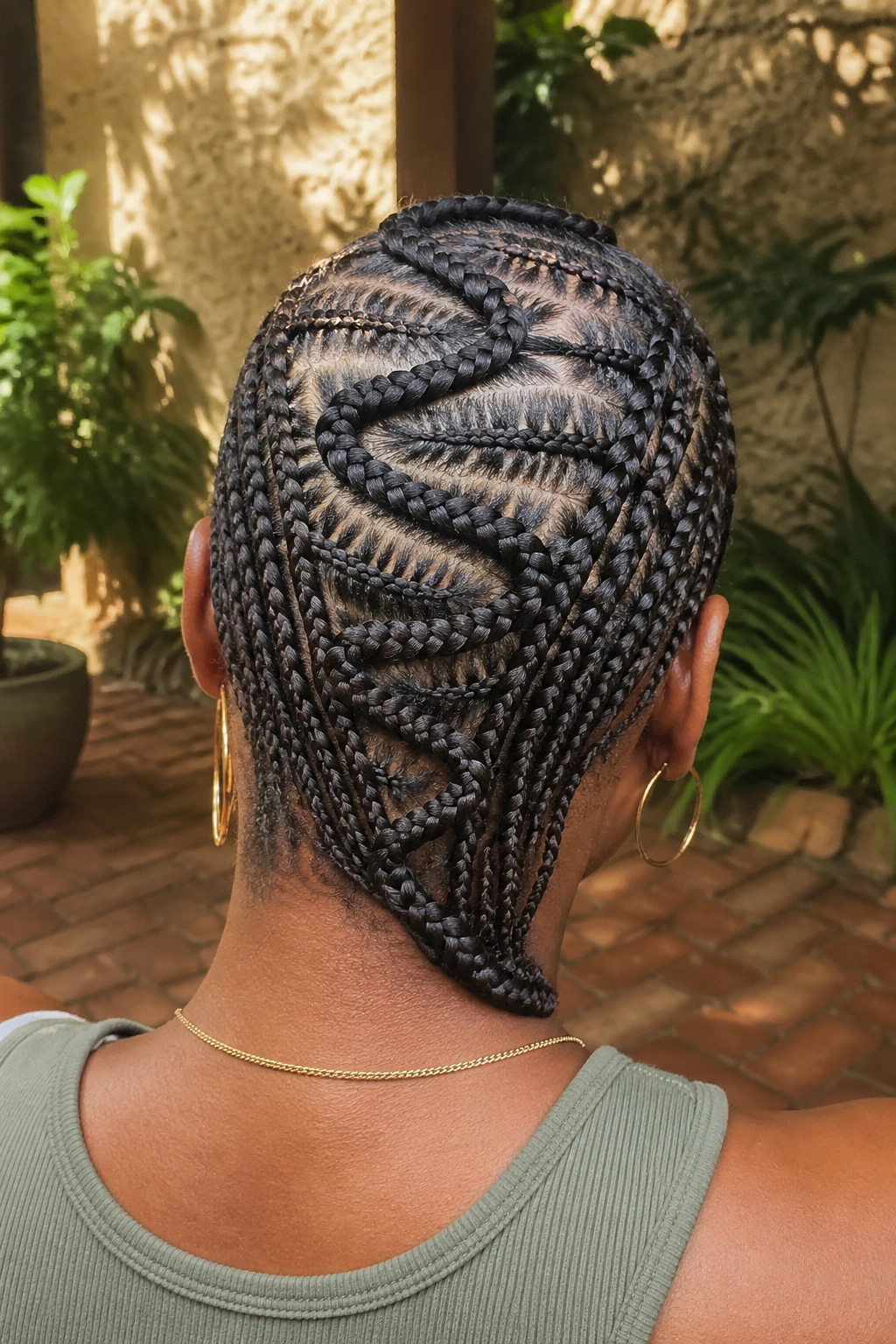 Back-of-head view of a real woman with a spiral criss-cross cornrow down the back