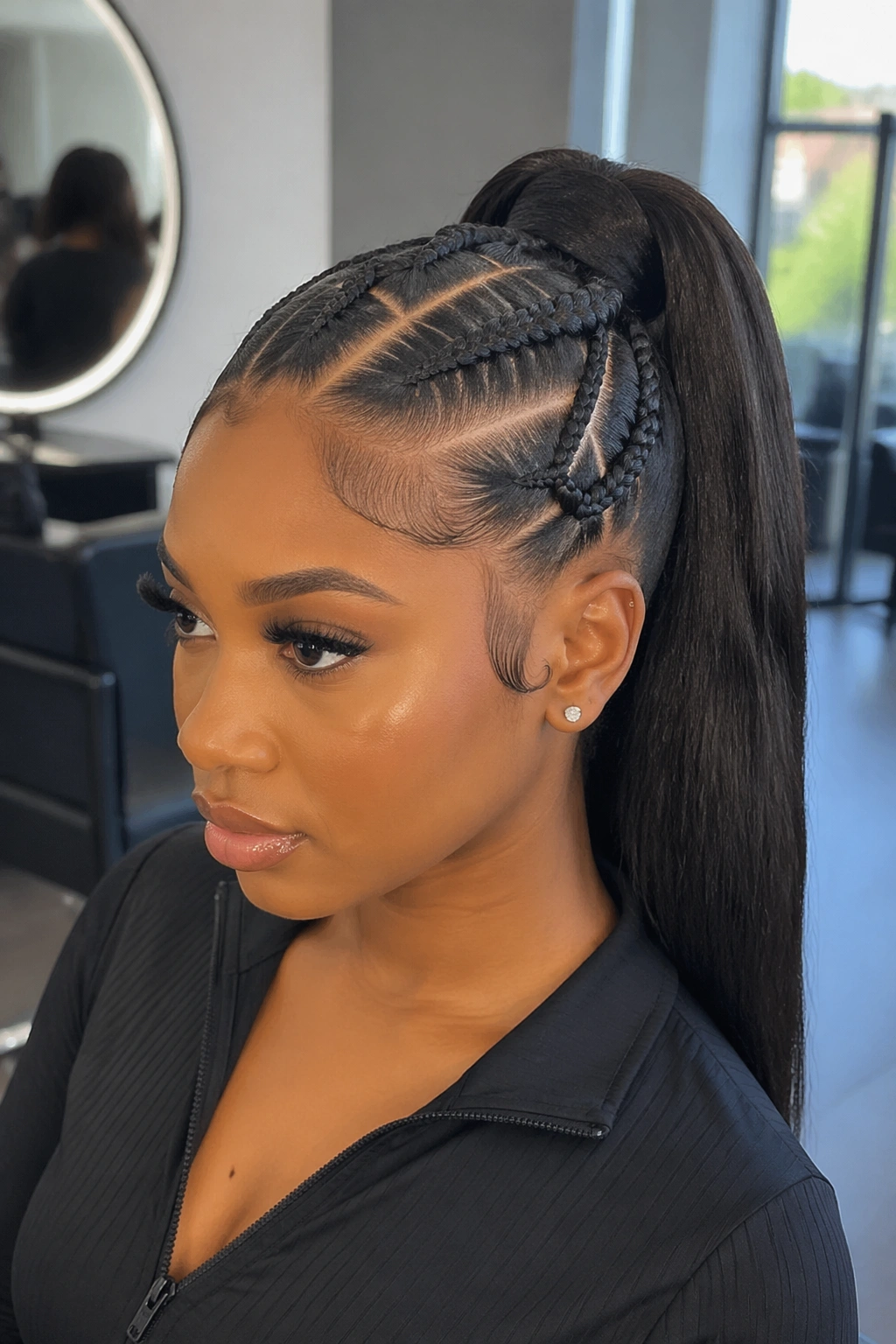 Medium close-up of a real Black woman with criss-cross stitched ponytail in a salon setting