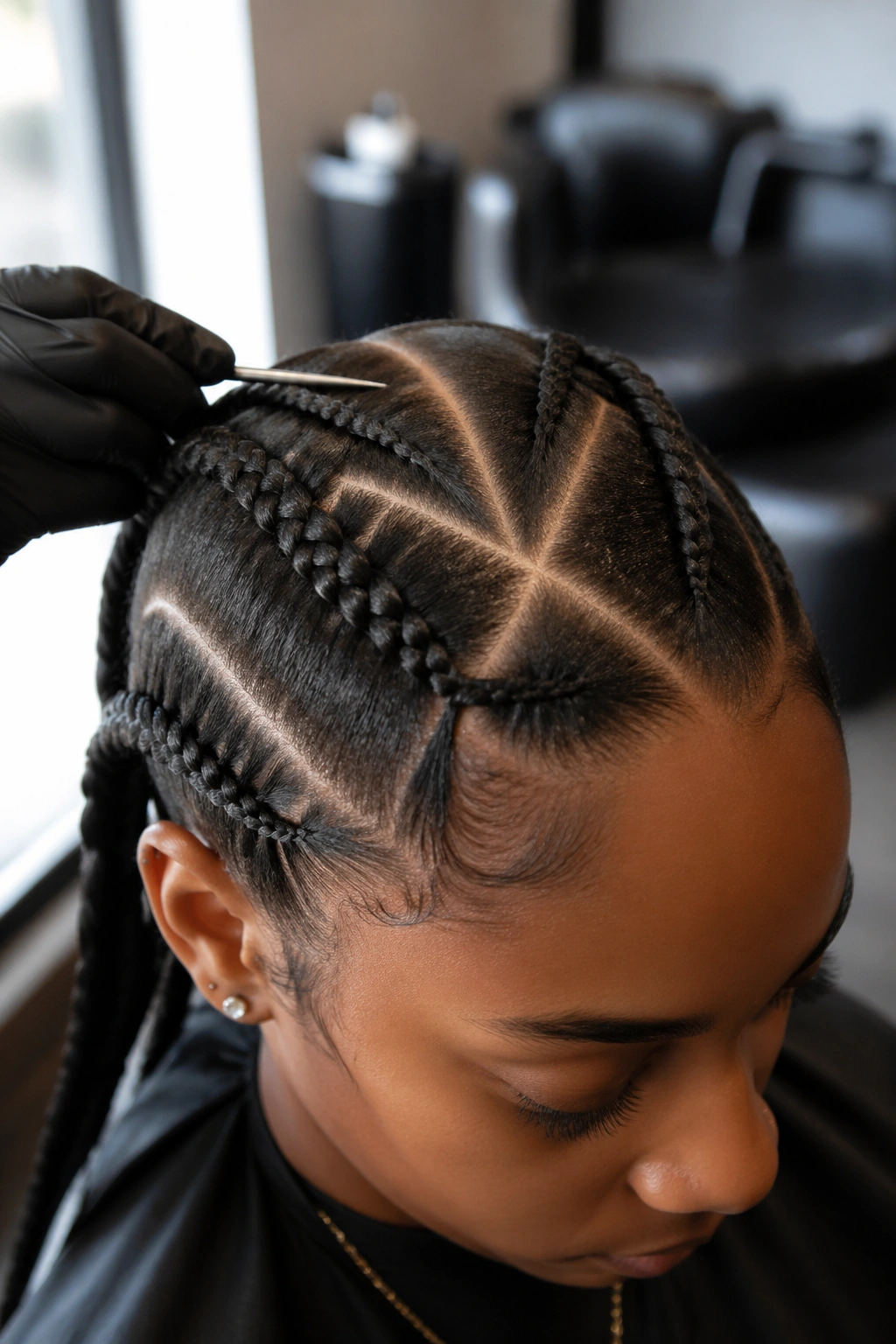 Close-up of a real person with criss-cross crown; a comb guiding the diagonal parts in a salon.