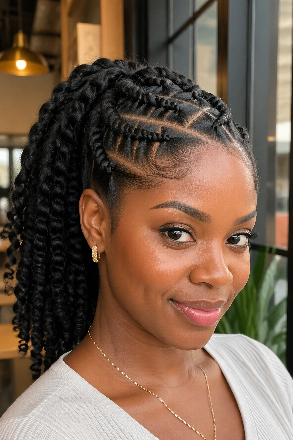 Close-up of criss-cross twist ponytail showing front cross pattern
