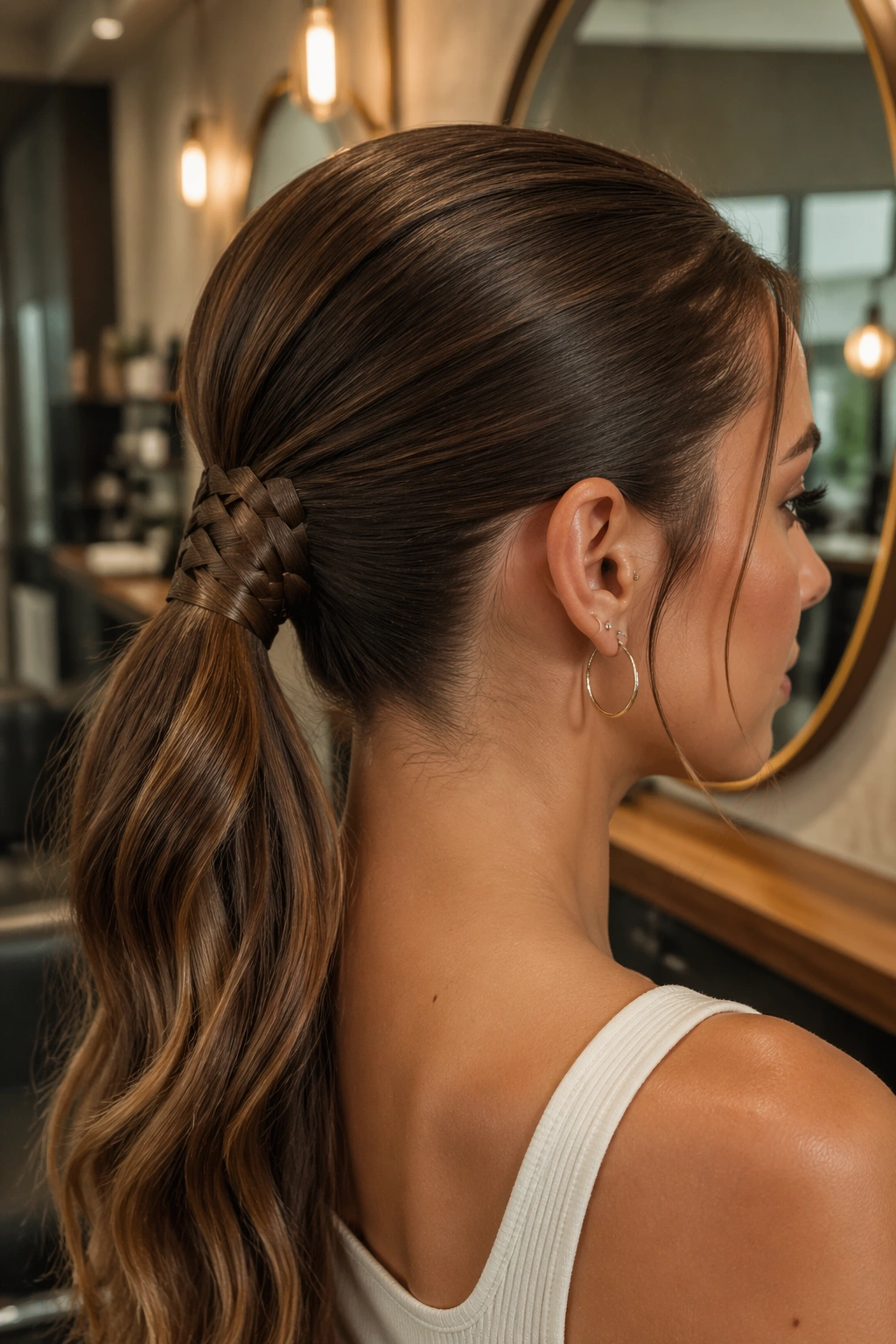 Close-up of a real woman with a crisscross base for a mid ponytail