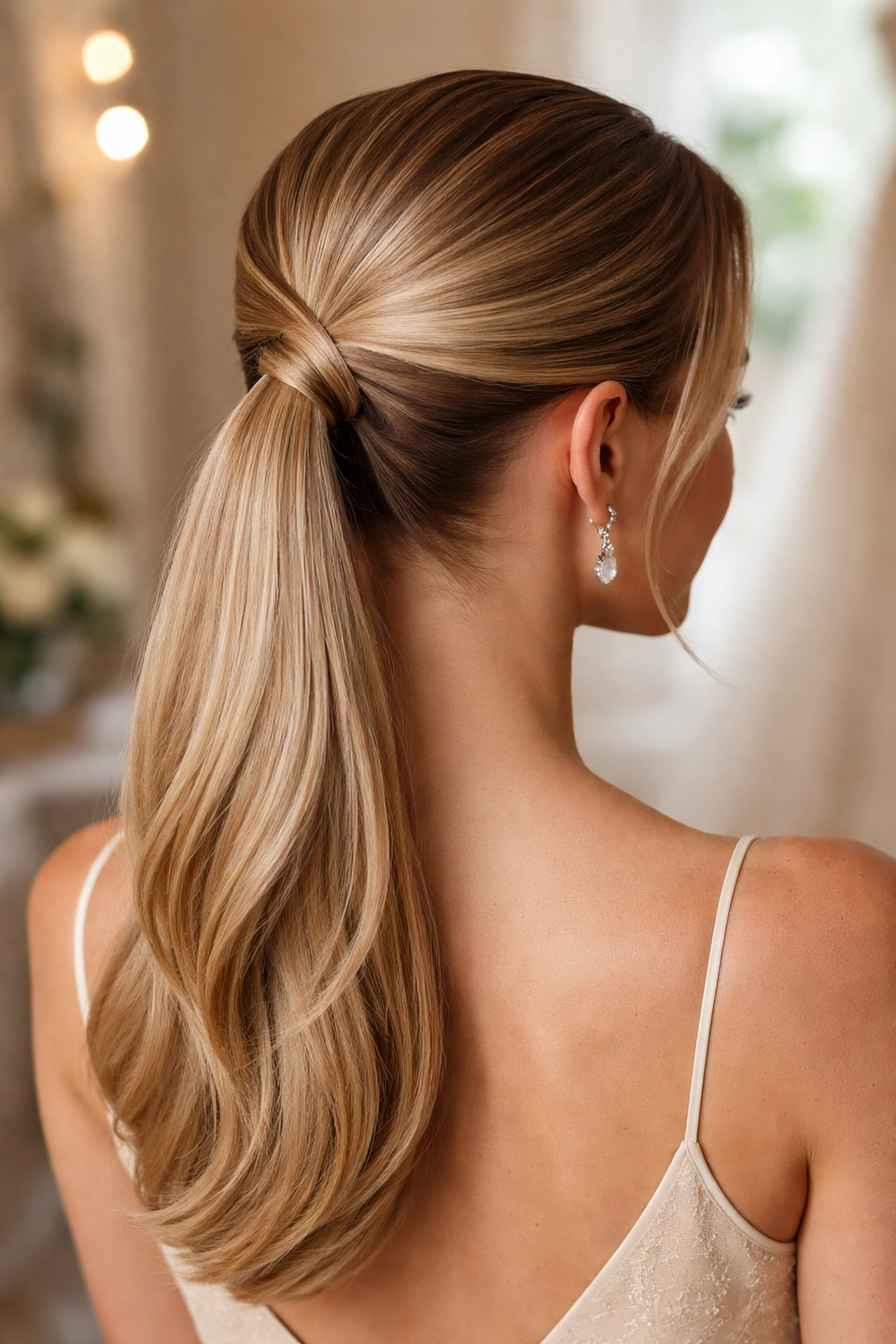 Real woman with crisscross base ponytail forming an X at the crown