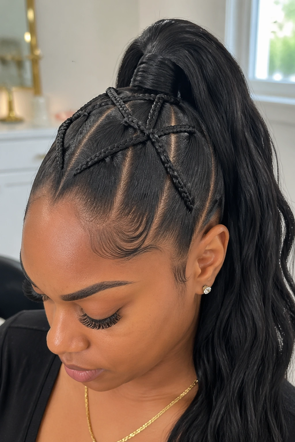Close-up of real woman with crisscross base ponytail
