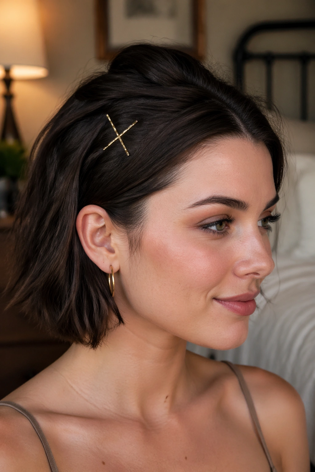 Close-up of a real woman with short hair showing X-shaped crisscross bobby pins at the temples.