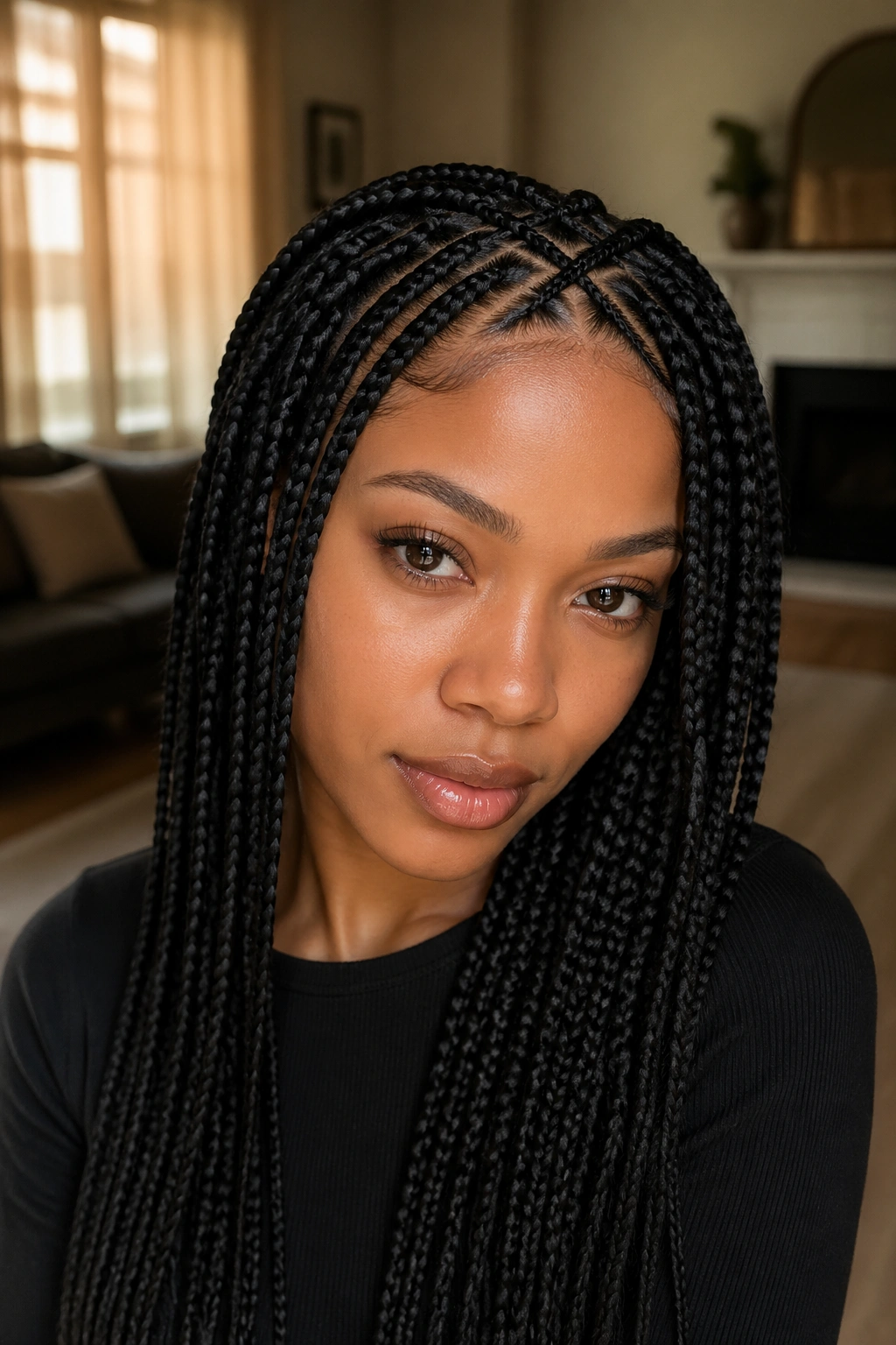 Real woman with crisscross-front box braids at hairline.