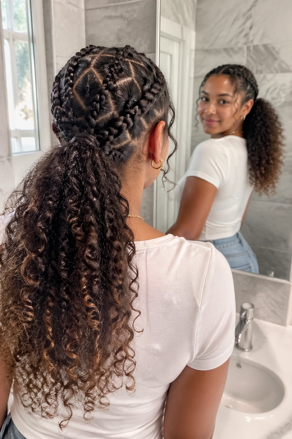 Over-the-shoulder view of crisscross stitch braid ponytail in bathroom.