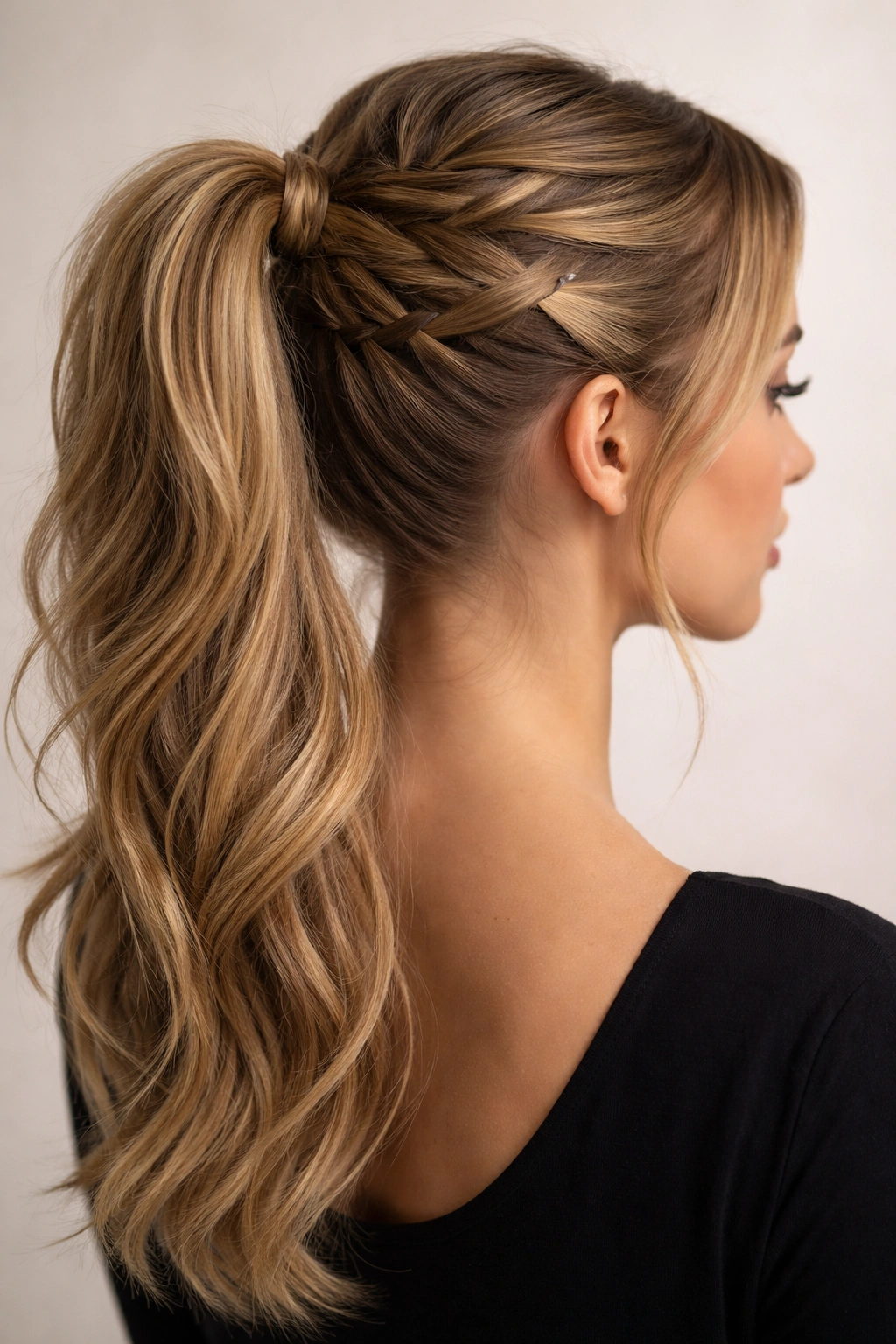 Crisscross French Braid Ponytail: woven crown pattern feeding into high ponytail