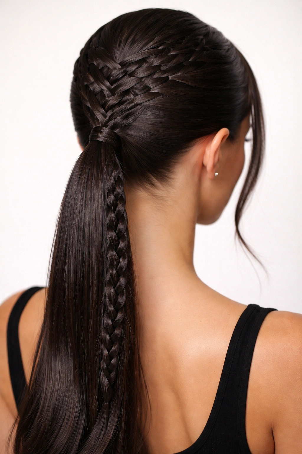 Crisscross braided crown forming an X over a low ponytail