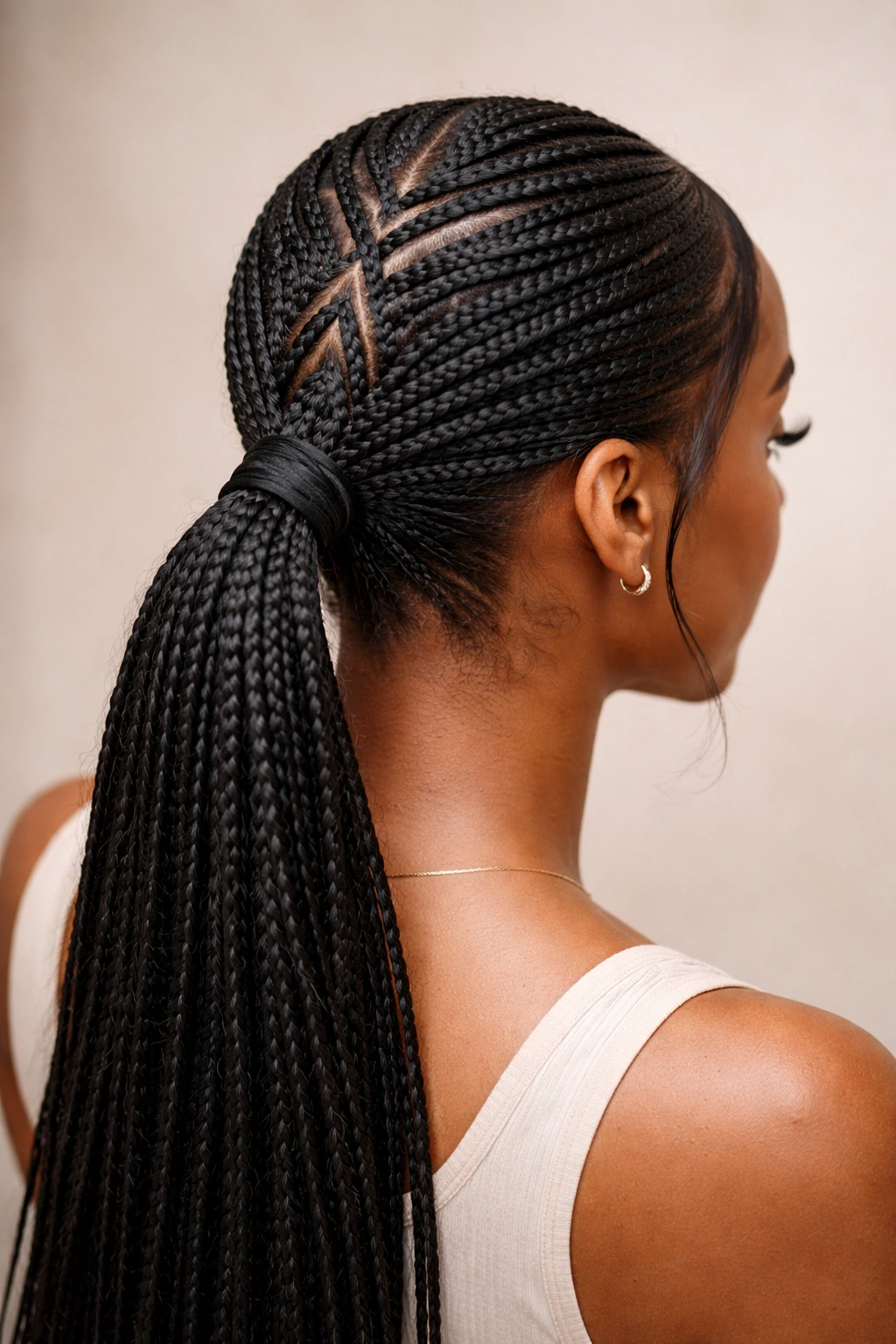 Close-up of crisscross-part low knotless braid ponytail at crown