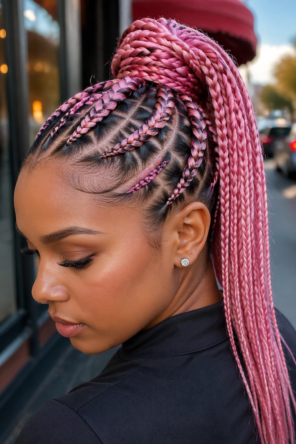 Crisscross feed-in pink ponytail on a real woman