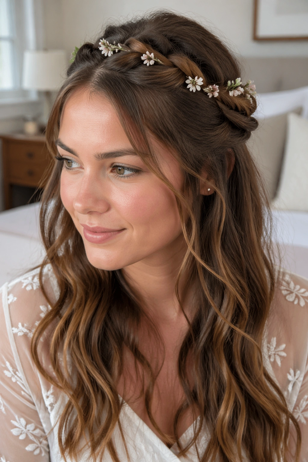 Close-up of a woman wearing a crisscross half-up braid with waxflowers and soft waves
