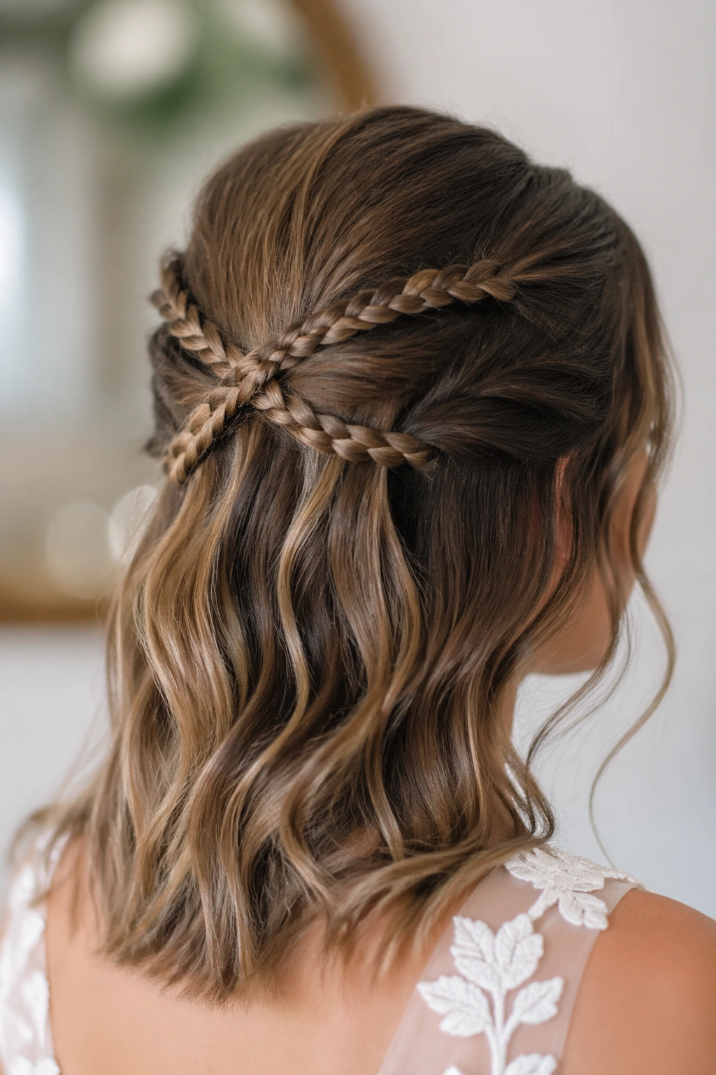 Close-up of real person wearing crisscross braided half-up with two crossing braids