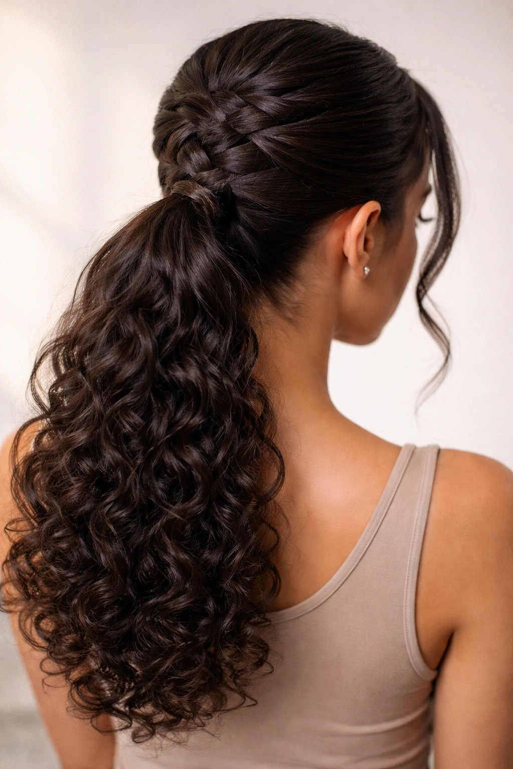 Crisscross braided base at crown before ponytail on curly hair