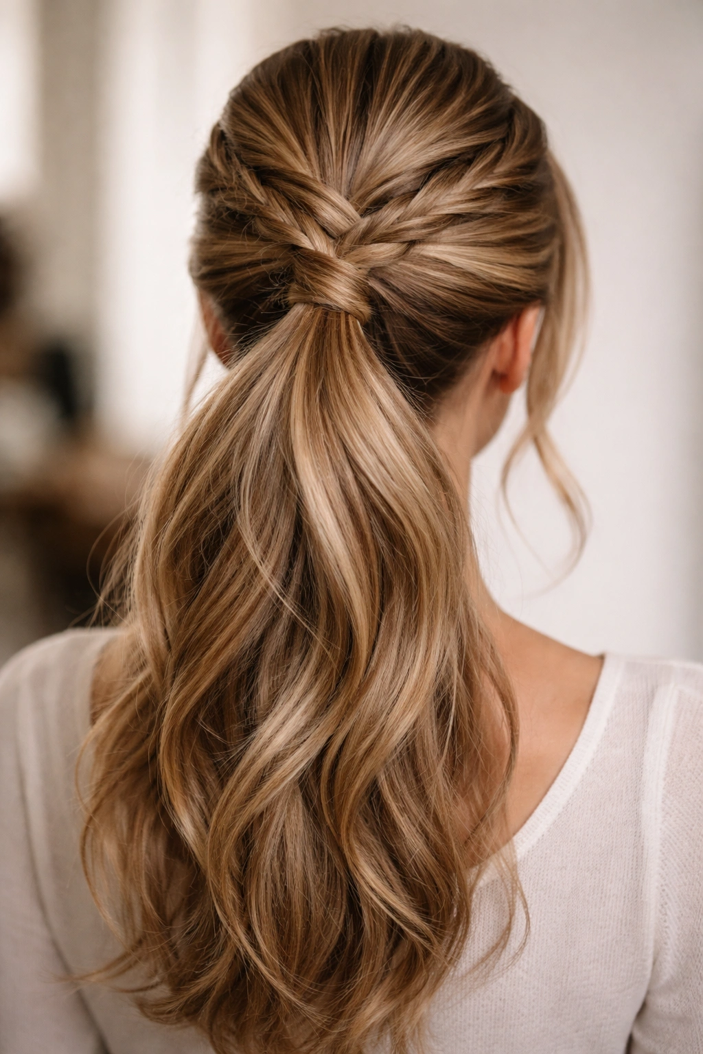 Back view of crisscross braided ponytail showing X-shaped overlap