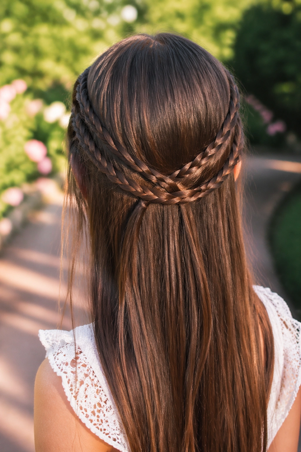 Close-up of a real person with crisscross braids at the back of the head.