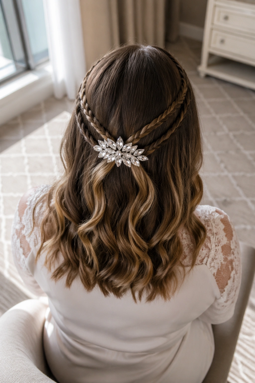 Overhead view of crisscross braids with crystal comb