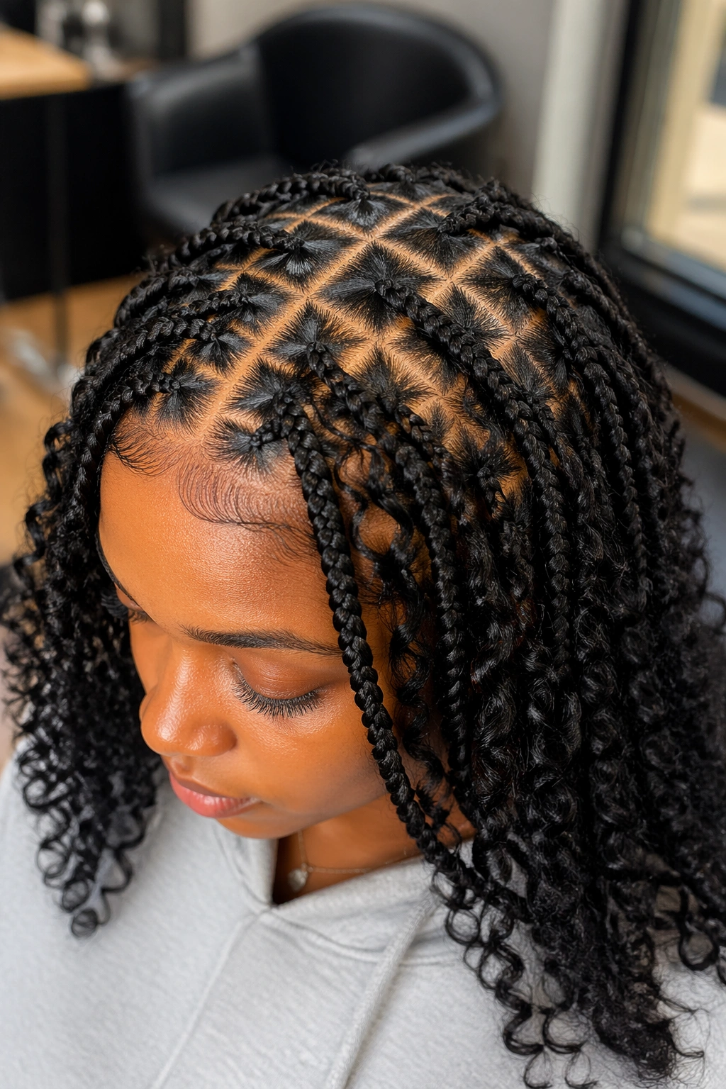 Close-up portrait of a real woman with crisscross scalp parts under medium curly box braids in a warm salon setting