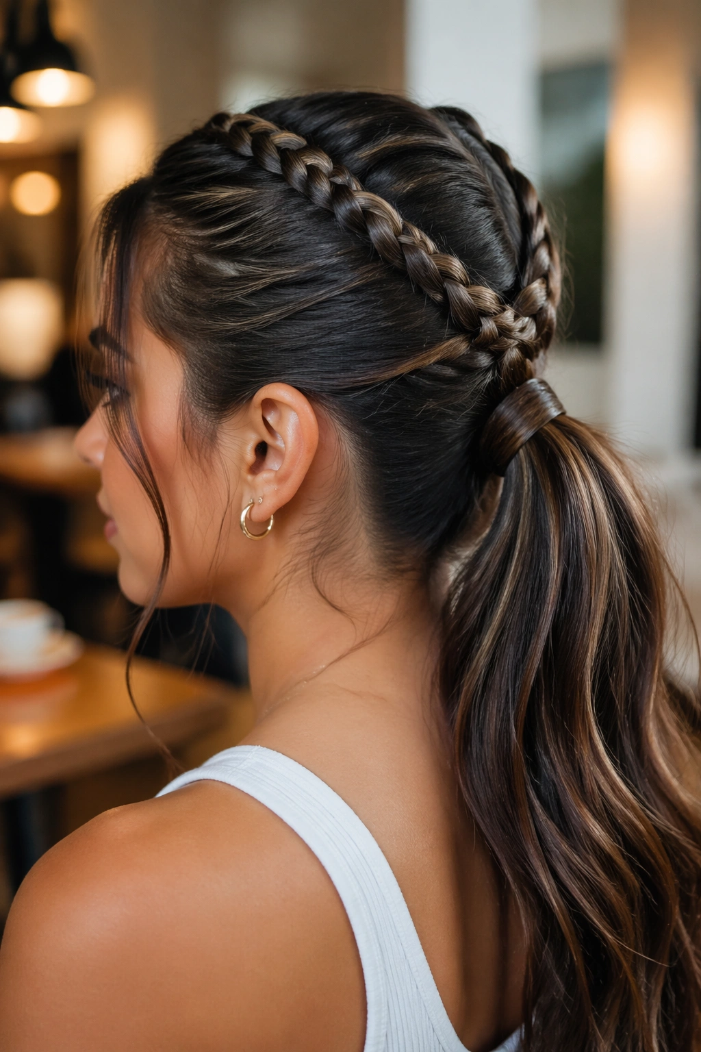 Real woman with crisscross braids and a hidden elastic at the crown