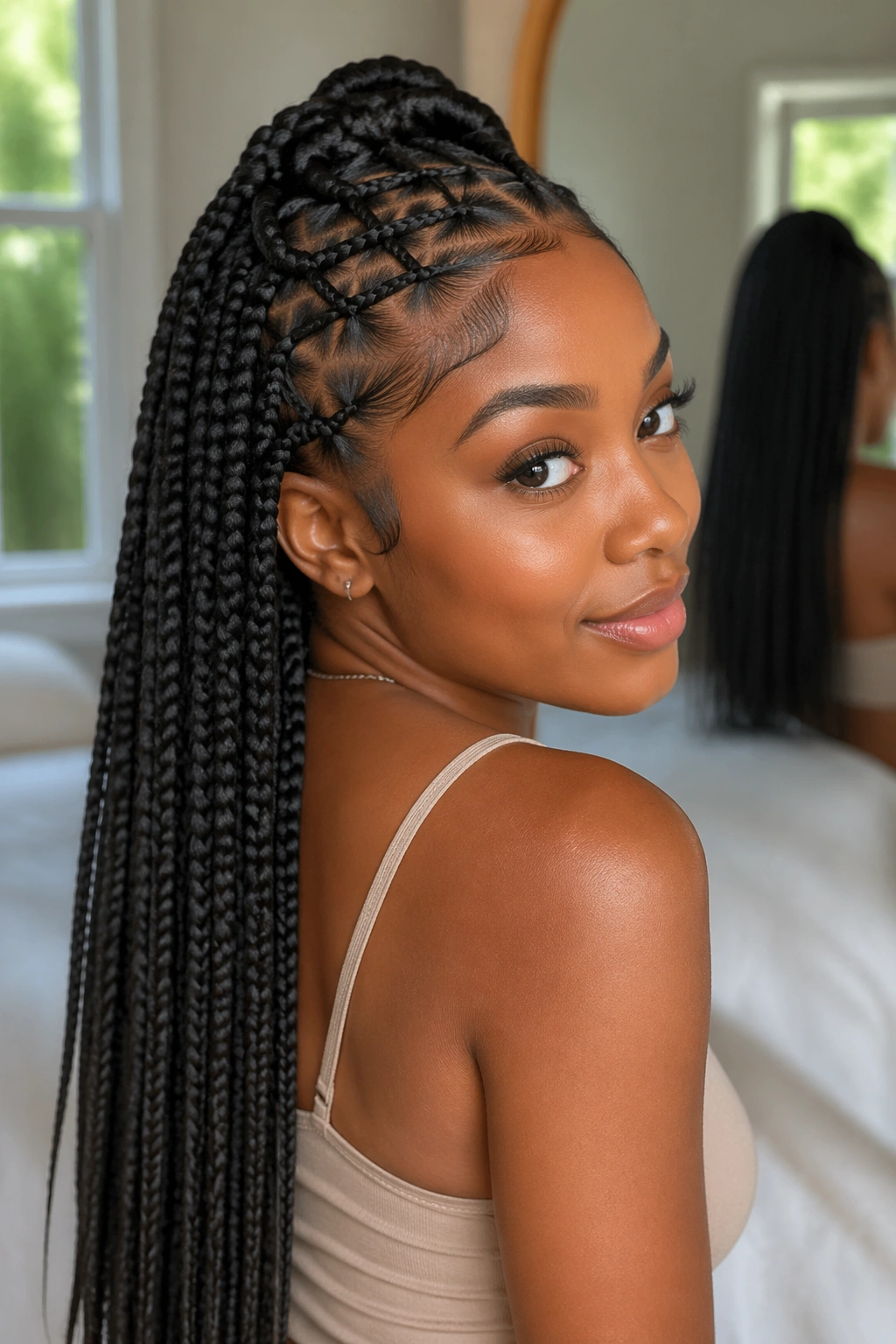 Close-up of real woman with crisscross braid detail at hairline and long braids