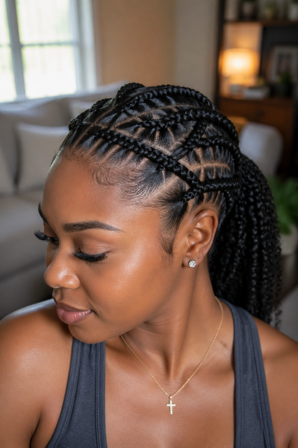 Close-up portrait of a real Black woman with a crisscross braided ponytail around the crown