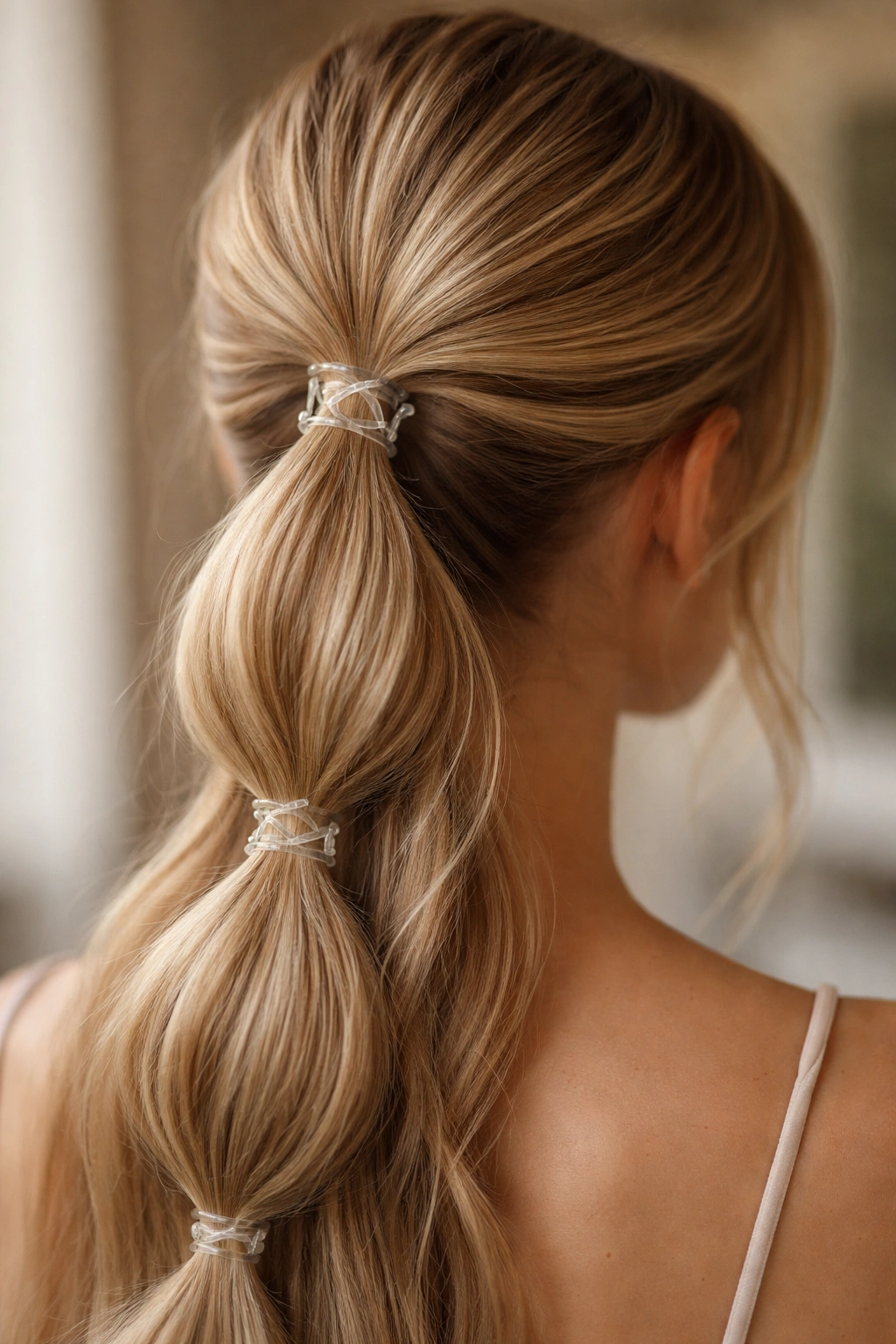 Crisscross elastic double bubble ponytail with lattice formed by slim elastic crossings