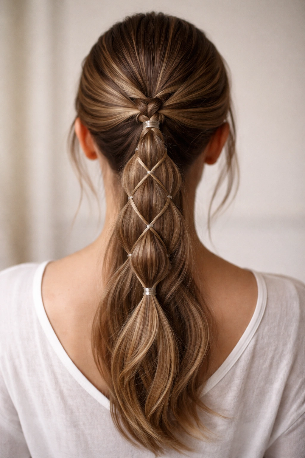 Back view of crisscross elastic low bubble braid ponytail showing woven pattern