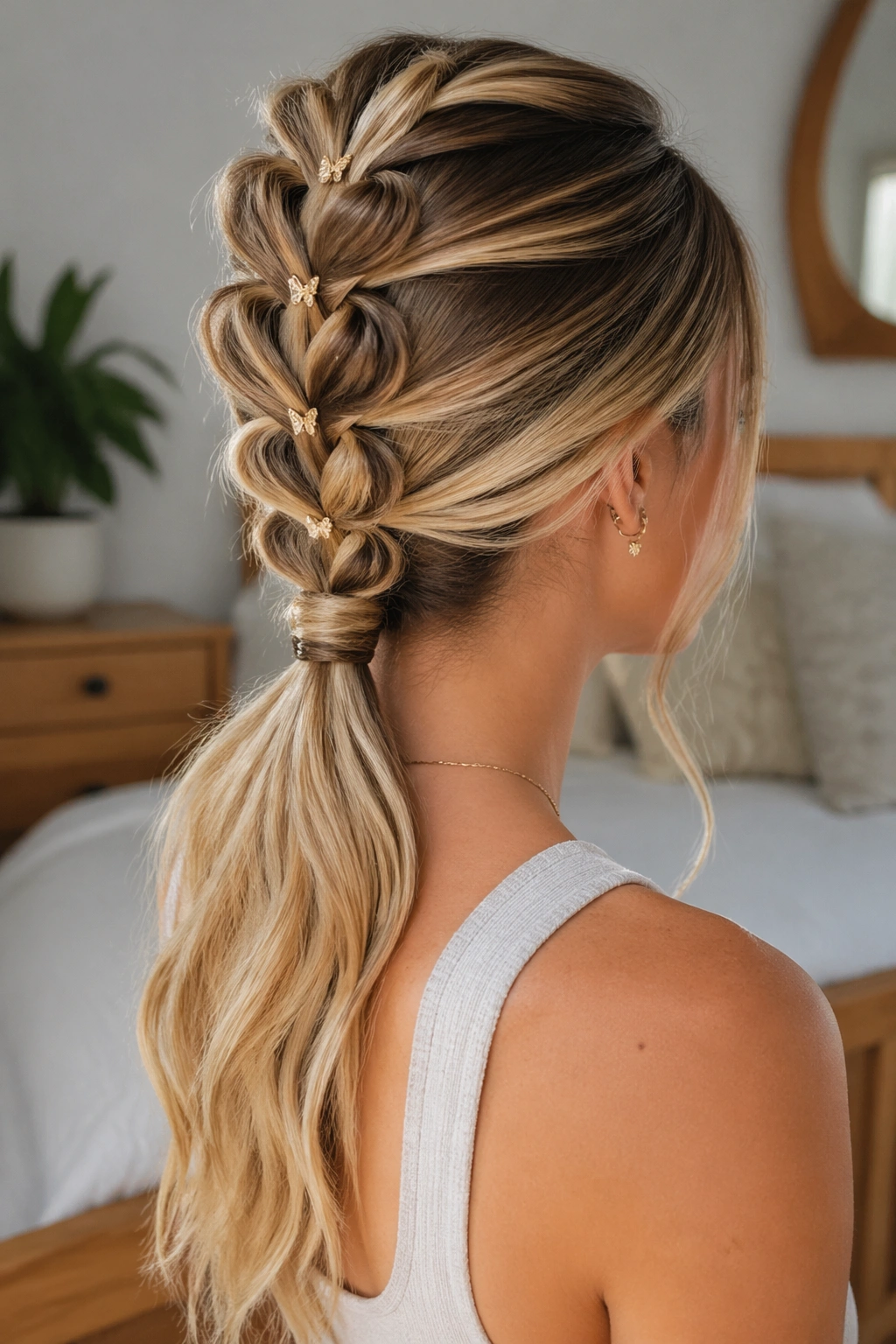 Close-up portrait of a real woman with crisscross butterfly braid ponytail and tiny clips in a minimal bedroom