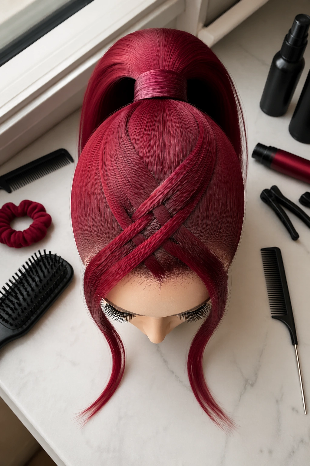 Overhead flat-lay of bright cherry high swoop ponytail with crisscross front