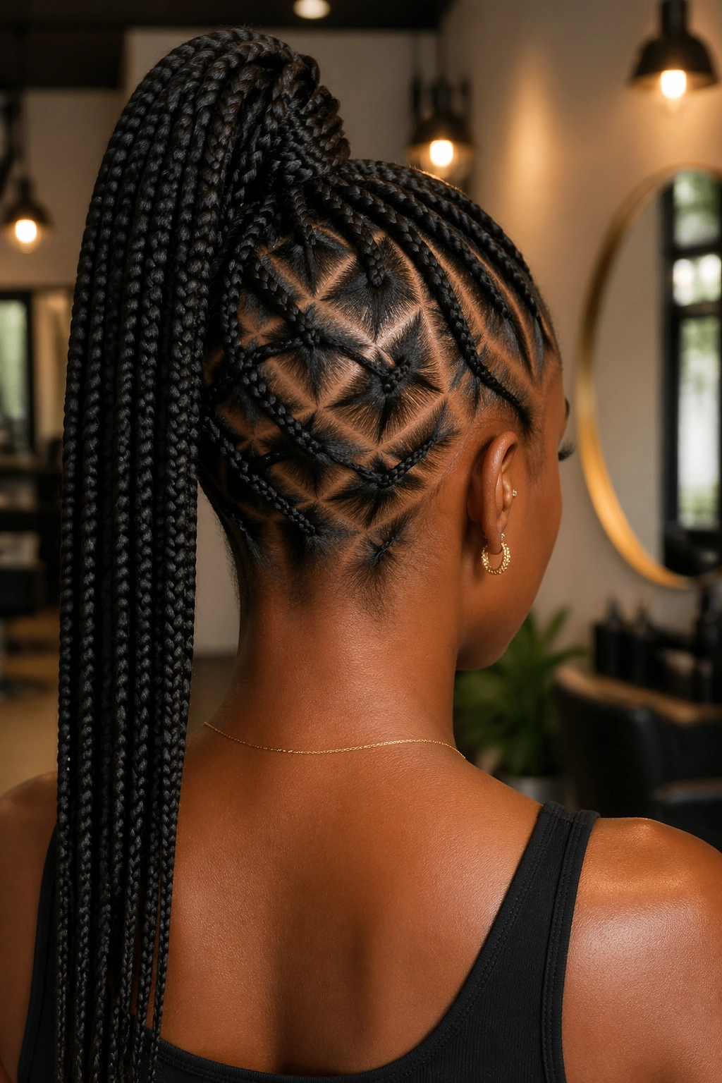 Rear close-up of a real Black woman showing a crisscross-back cornrow lattice and high ponytail.