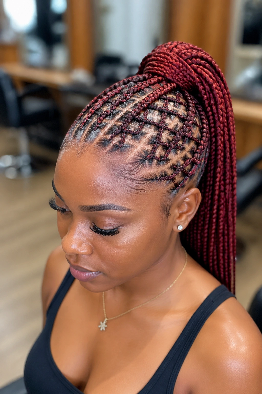 Portrait of a real woman with a crisscross cornrow base leading to a ponytail