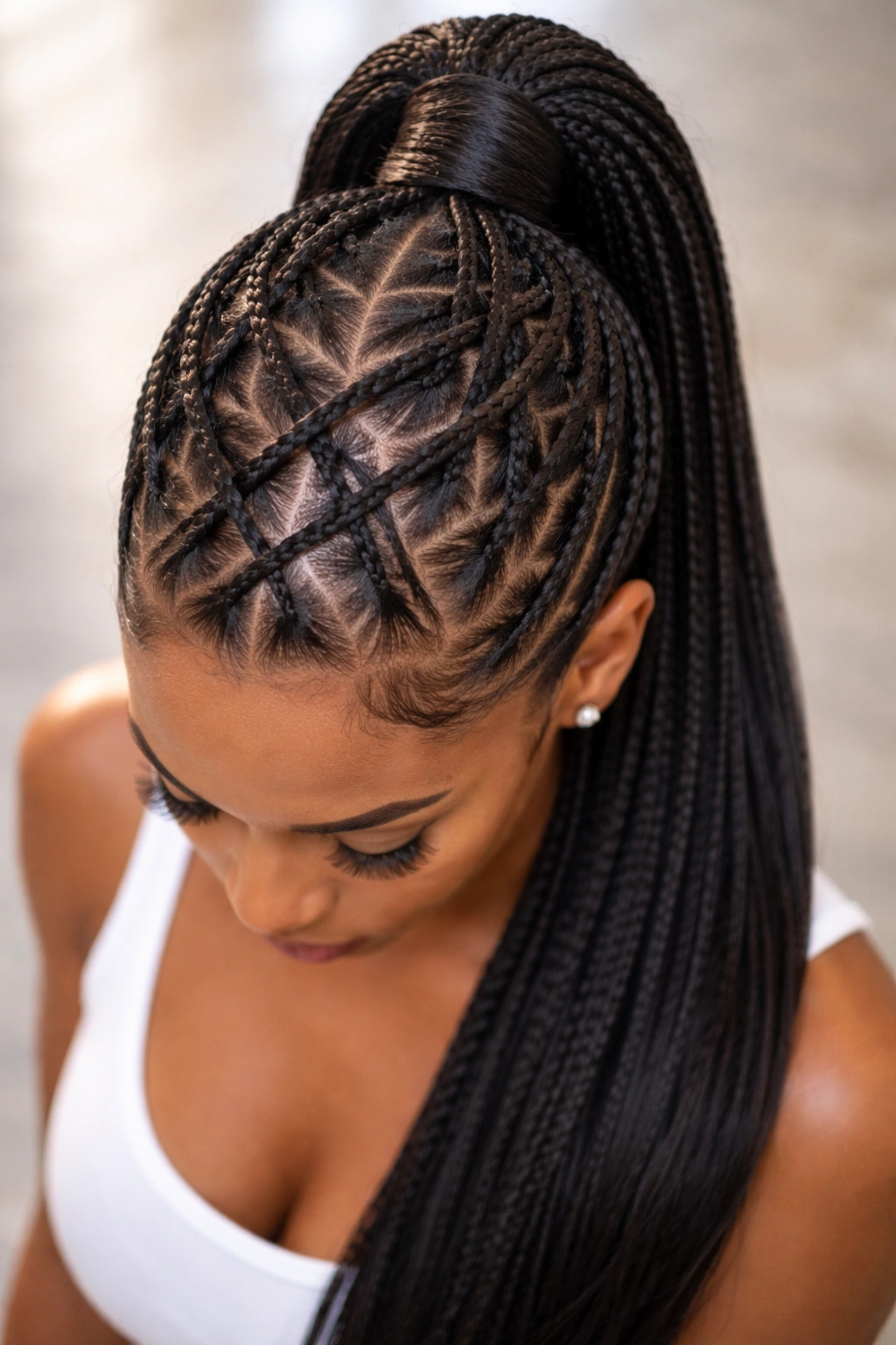 Crisscross cornrows forming a lattice on the scalp with ponytail.