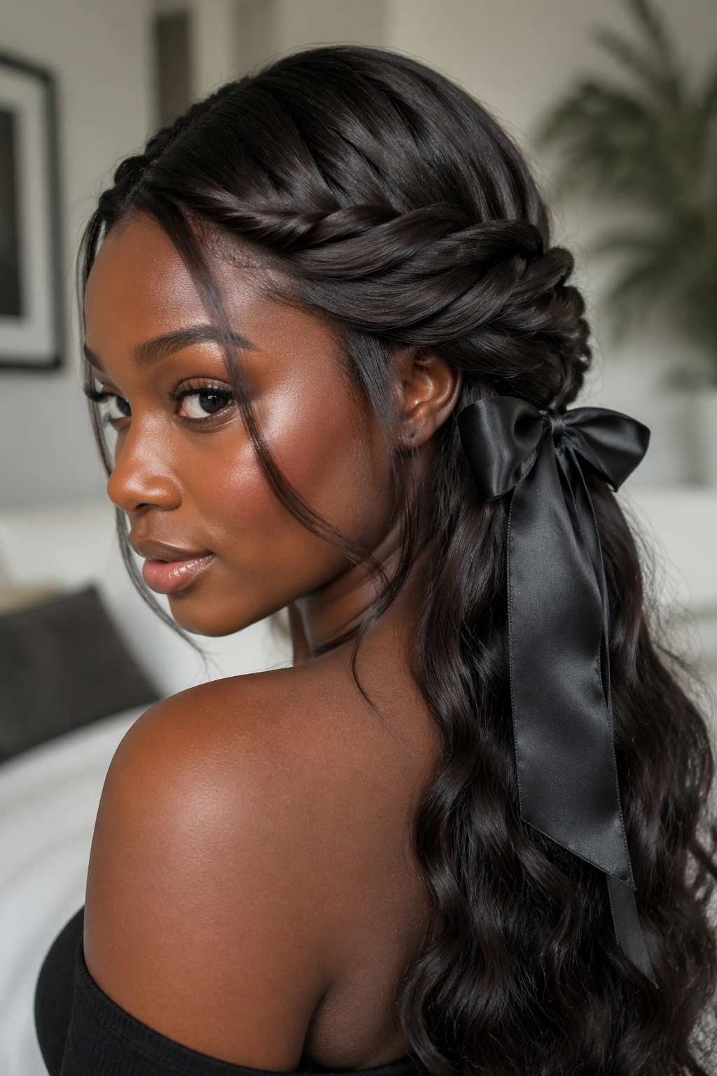 Close-up portrait of a real woman with crisscross crown weave and satin tail bow