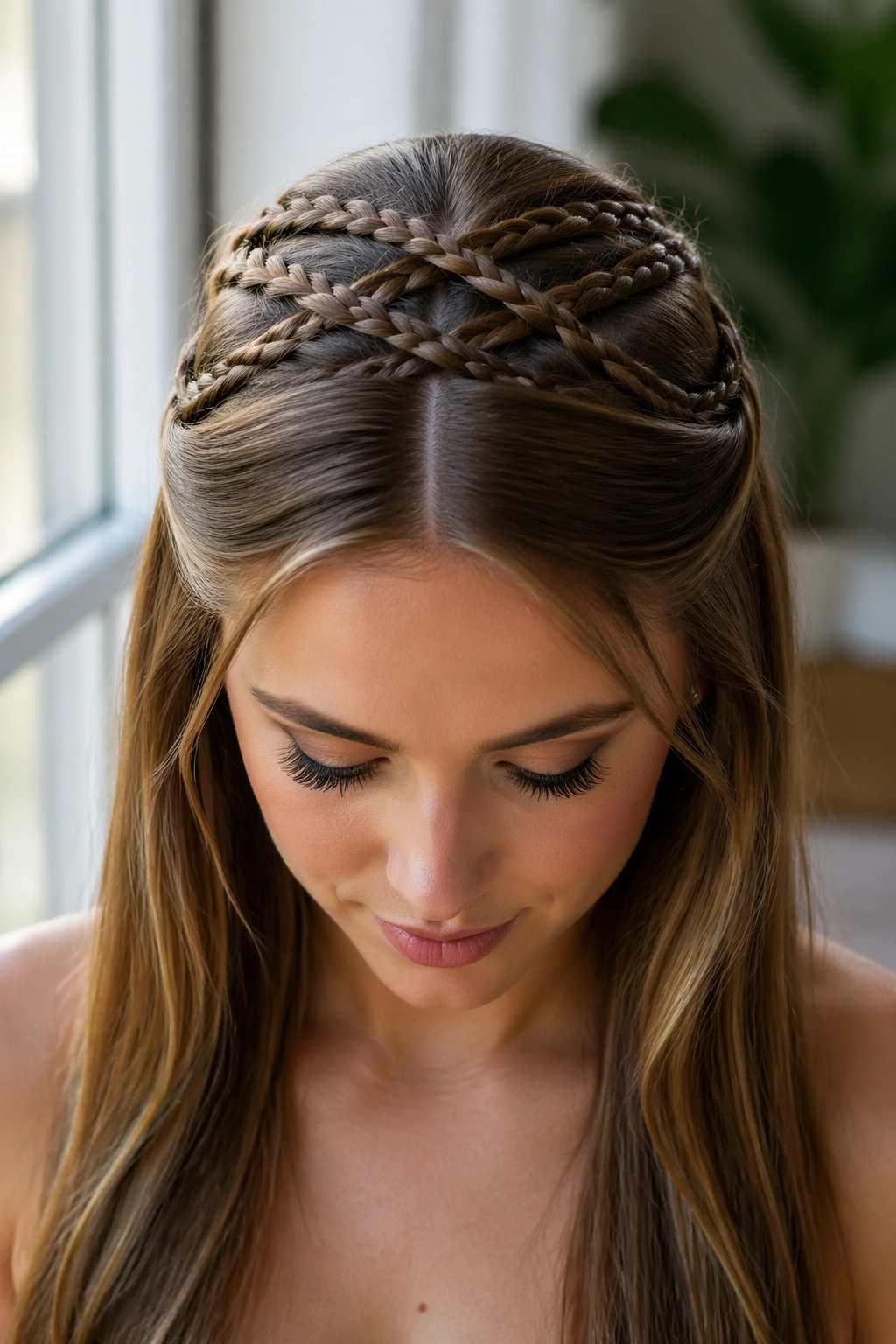 Close-up of crisscrossing crown braids forming a structured half-up style.