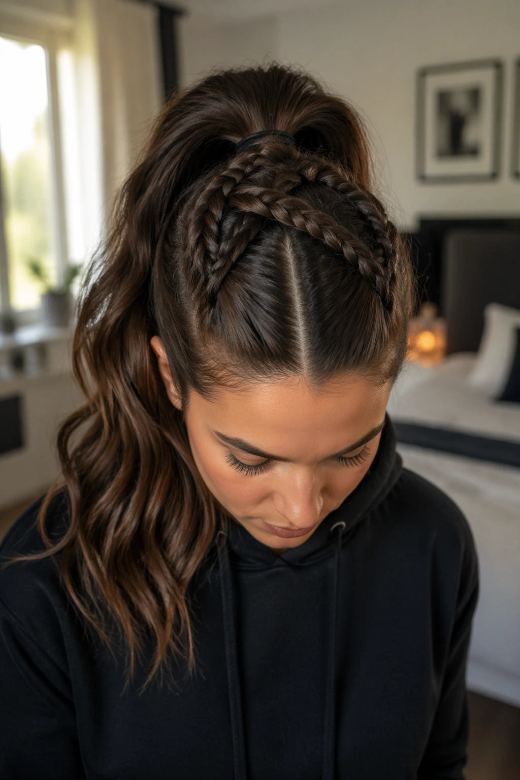 Close-up of a real woman with crisscross Dutch braids forming a crown into a high ponytail