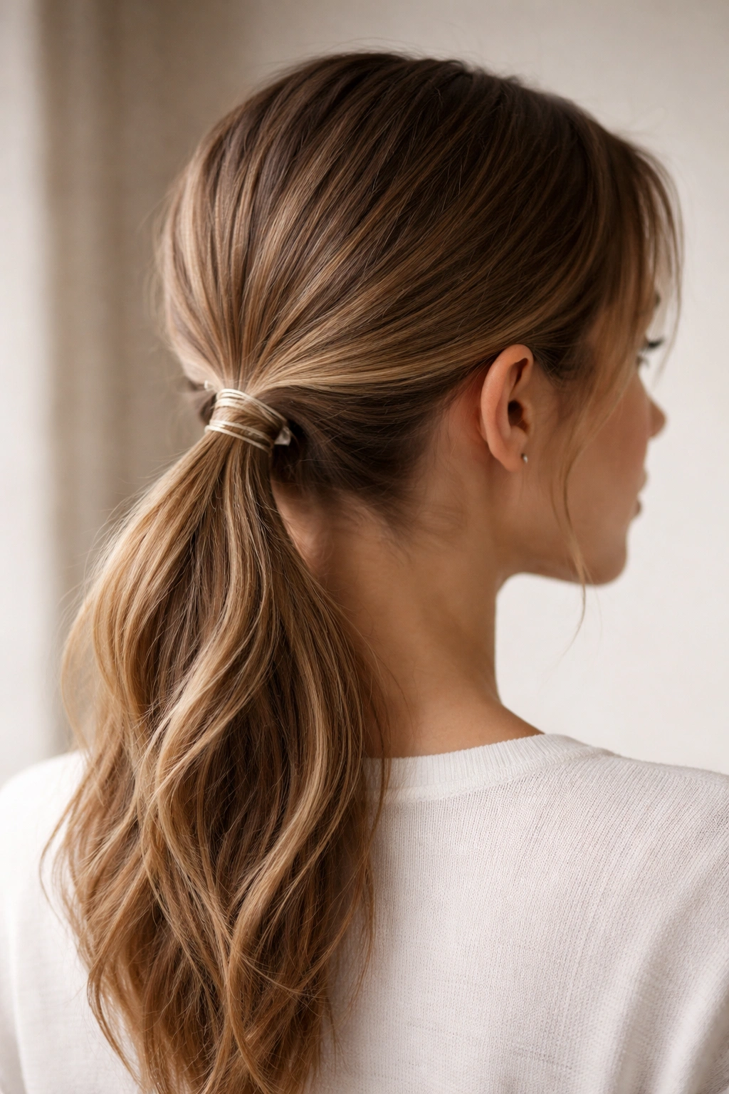 Close-up of a crisscross elastic low ponytail with crossed sections at the base