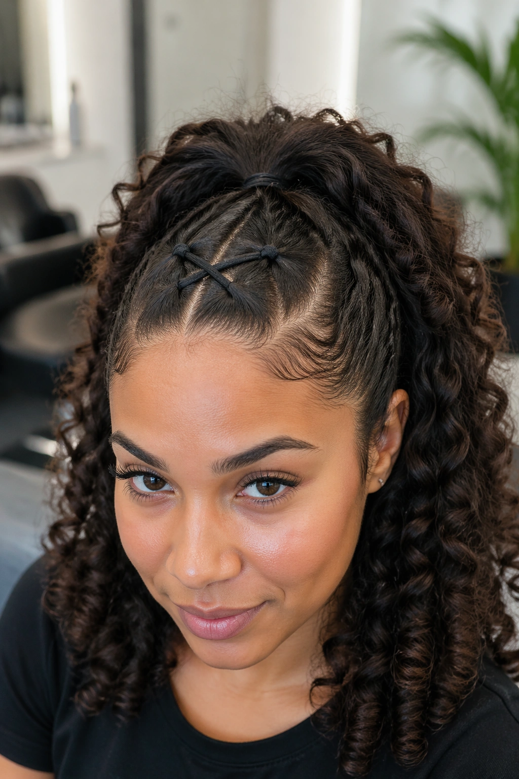 Real woman with crisscross elastic V-part ponytail showing X-shaped base