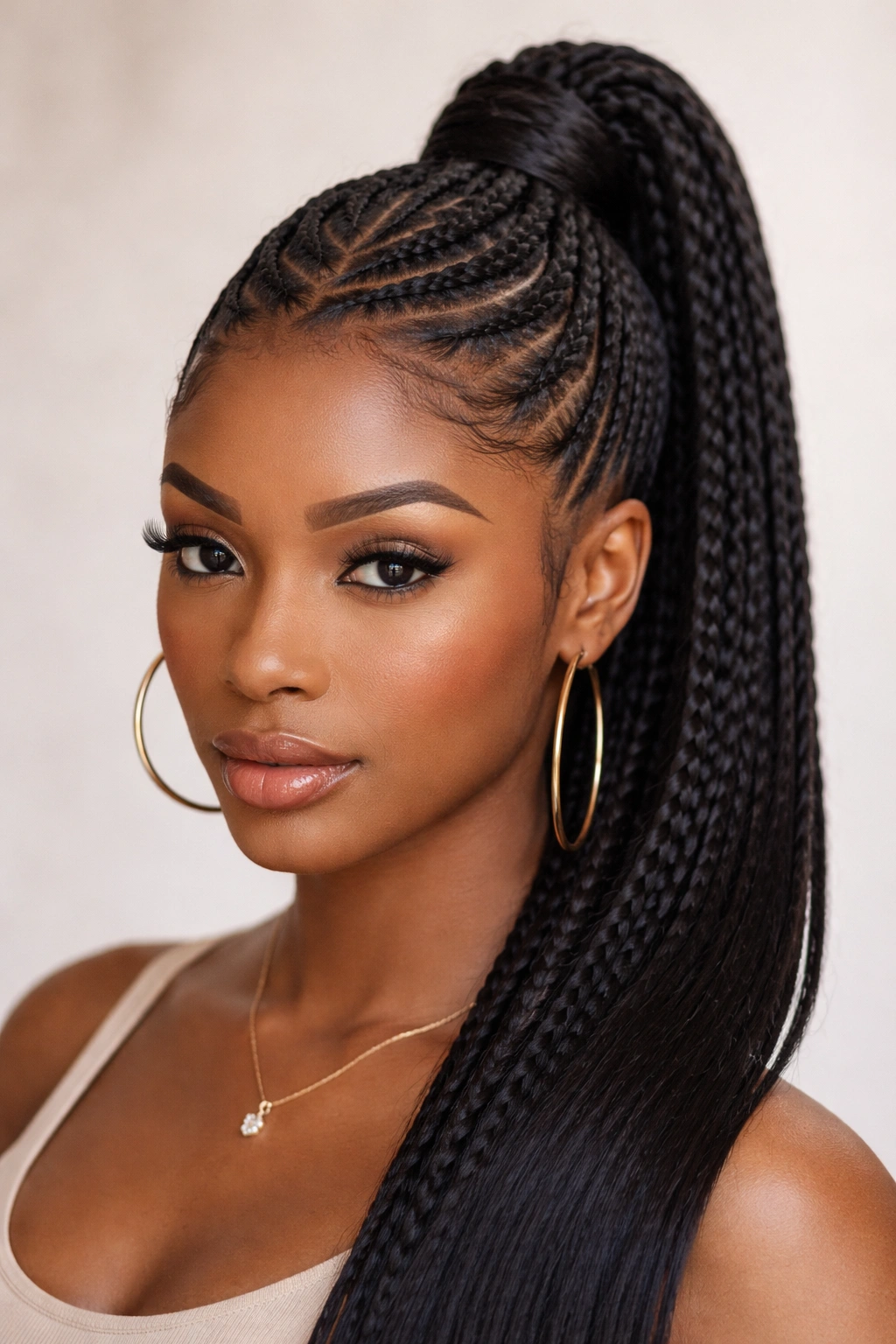 Crisscross feed-in ponytail with front crown crisscross pattern