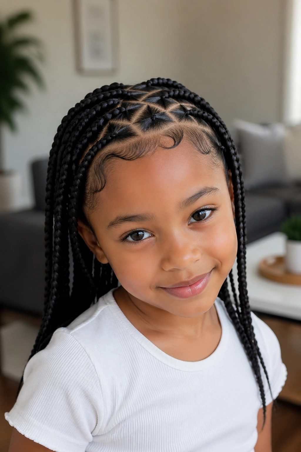Close-up of a child with crisscross-front box braids at the hairline